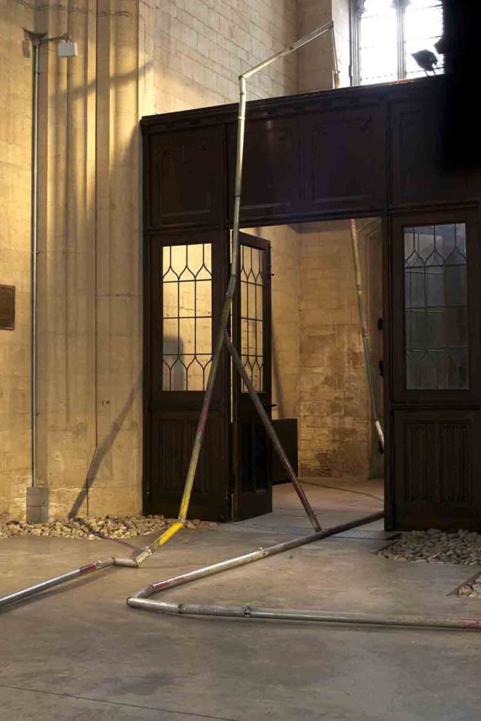 Site specific installation 20:21 Visual Art Centre Scunthorpe. Commissioned by 20:21. Used scaffolding and couplers. 10m tall x variable width and depth. Photo Credit: Mark Devereux Projects.