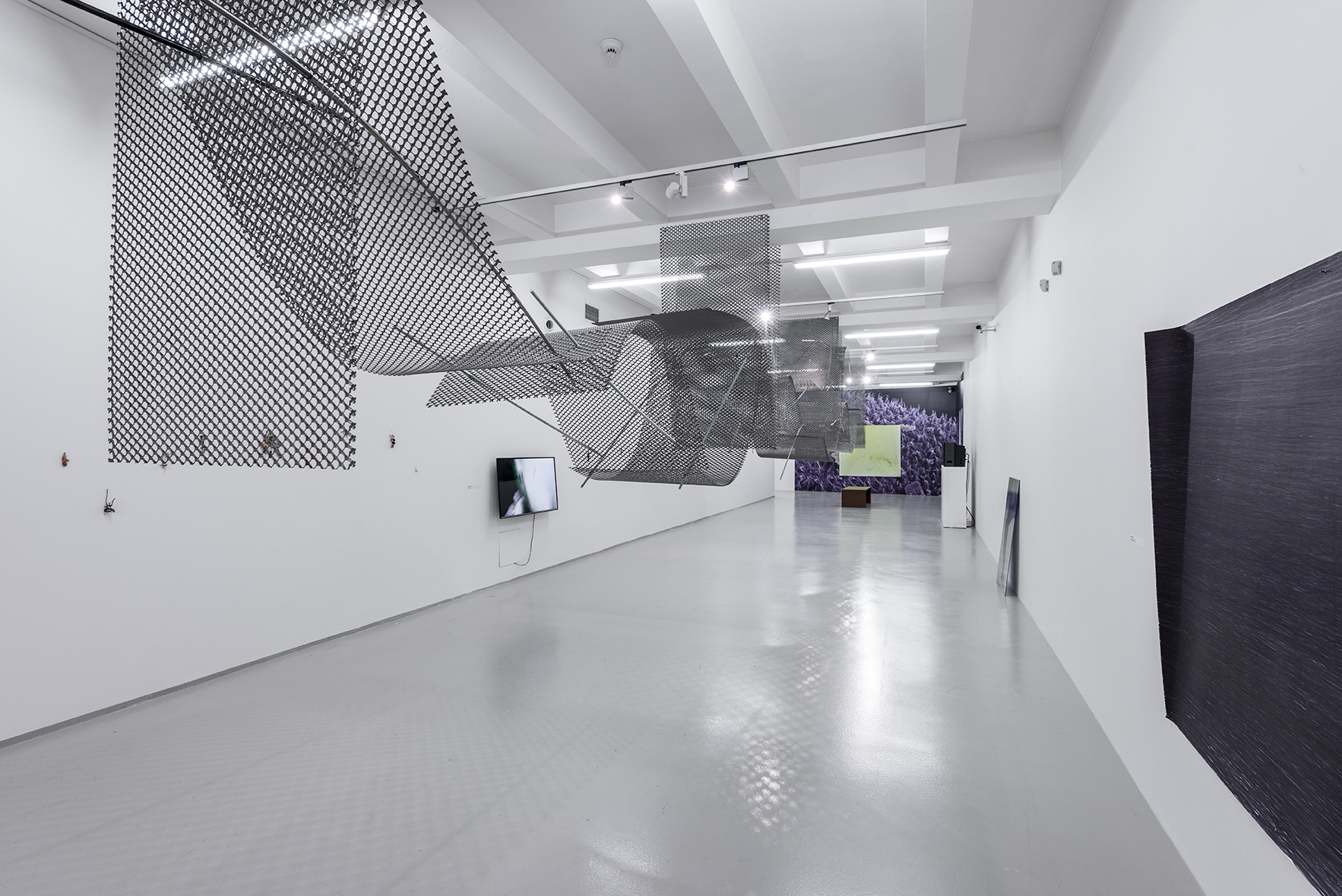 Pole Jam.<br/>1 x 2m sheets of stainless steel expanded mesh and galvanised threaded poles. <br/>Overall dimensions 1 x 2 x 15m. <br/>DOX Gallery Prague <br/>2018 