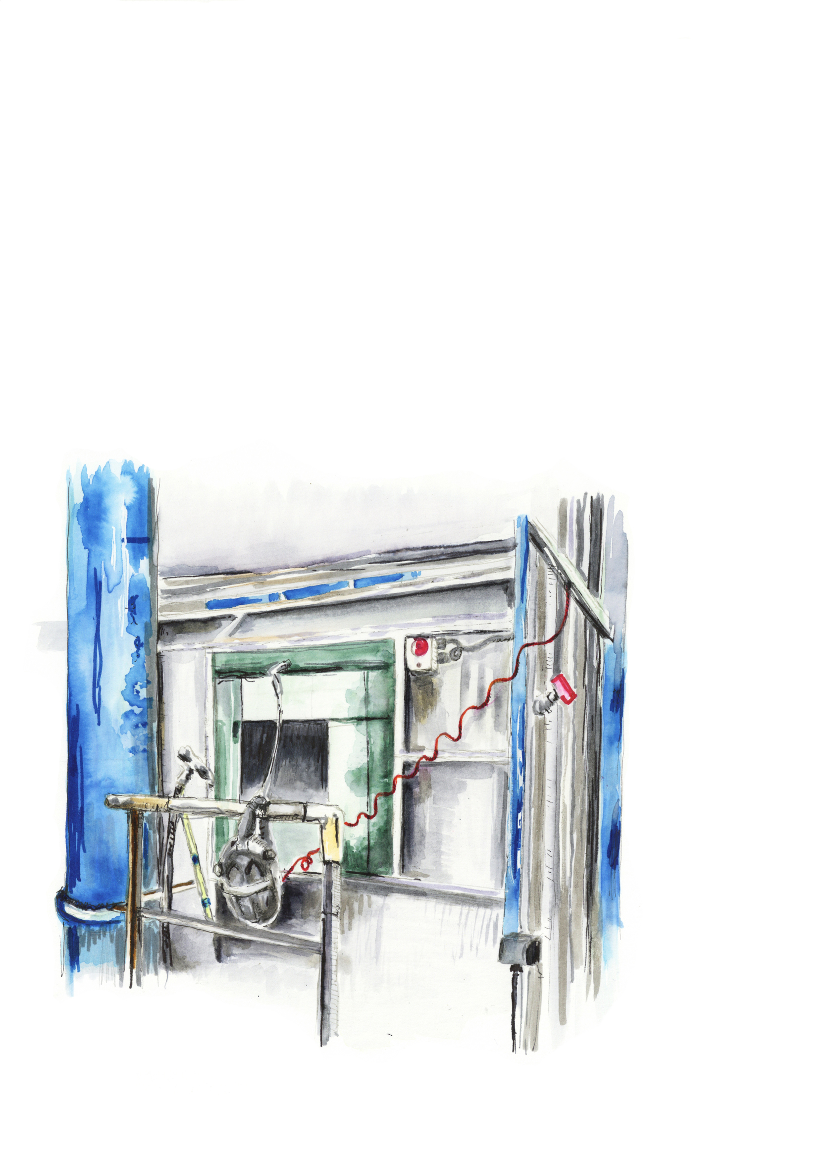 Watercolour and Ink. <br/> A4. <br/>These works are about the relationship between people and their workplace. They document the visual culture of infrastructure, and the way mobile equipment and PPE is left to rest within it. <br/>Fleeting moments of rest for the ambulatory elements of an industrial environment are solidified by gentle water-based observations. Humorous and poetic compositions are formed when the handling of tools and apparatus seems to be at its most incidental to the wider manufacturing task at hand. This is contradicted by the recording of moments of total intent and necessity, in the perfect stacking of pallets and storage of items in designated areas. The works create a rare moment of peace and simplicity within in a complex and continuous system.