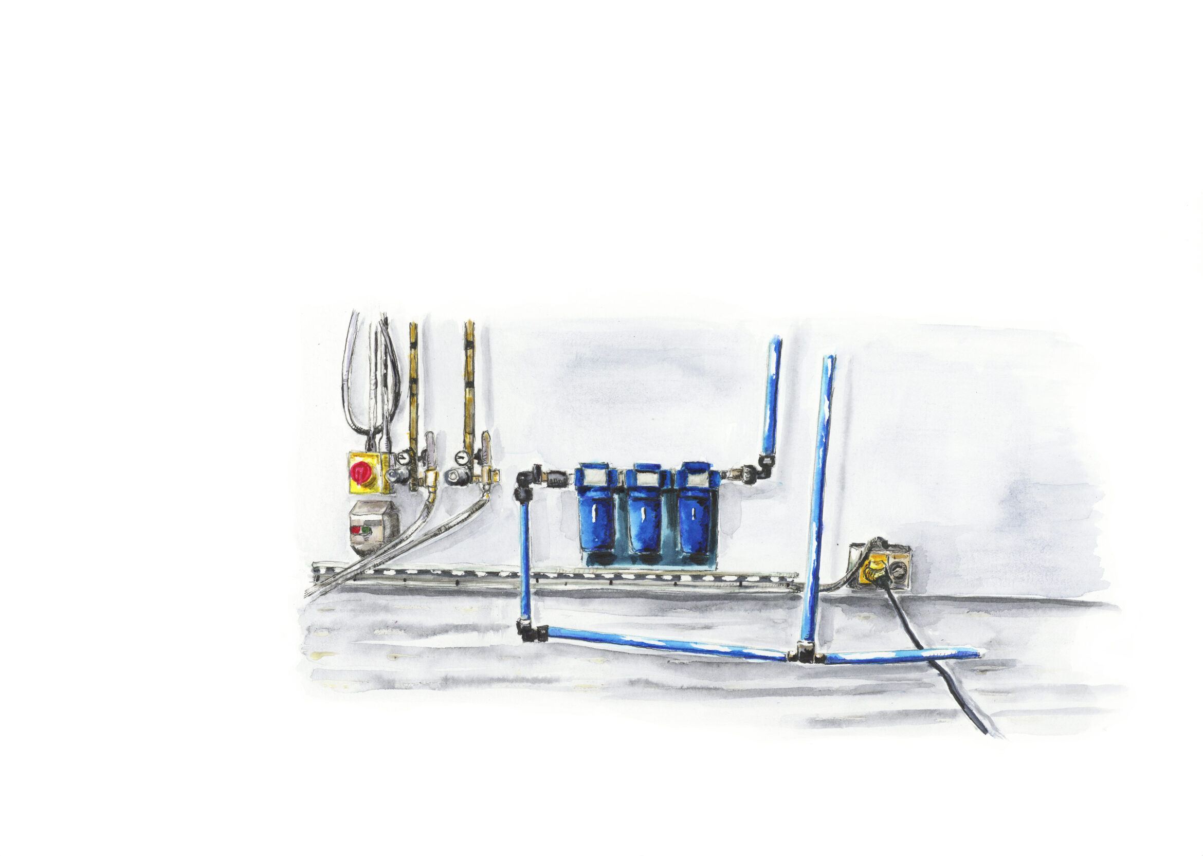 Watercolour and Ink. <br/> A4. <br/>These works are about the relationship between people and their workplace. They document the visual culture of infrastructure, and the way mobile equipment and PPE is left to rest within it. <br/>Fleeting moments of rest for the ambulatory elements of an industrial environment are solidified by gentle water-based observations. Humorous and poetic compositions are formed when the handling of tools and apparatus seems to be at its most incidental to the wider manufacturing task at hand. This is contradicted by the recording of moments of total intent and necessity, in the perfect stacking of pallets and storage of items in designated areas. The works create a rare moment of peace and simplicity within in a complex and continuous system.