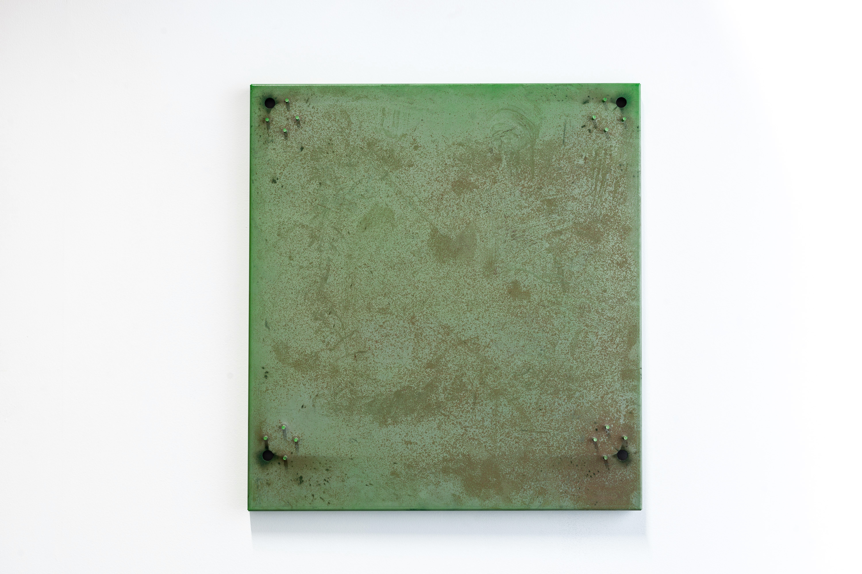 Selected works from the powdered jigs series. An extended portfolio of these works is available on request. <br><br>Green rusting. redundant mild steel fabricators jig and powder coating. 56 x 61 x 4cm. 2022. Photo by John-Paul Brown